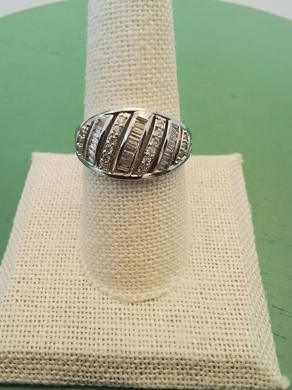 Pretty Bird Silver Diagonal Baguette & Pavé Ring, Size 9